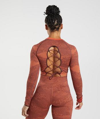 Dámské Oříznuté Topy Gymshark Adapt Camo Seamless Krajkové Up Back Červené Růžové Hnědé | CZ 3602WNB